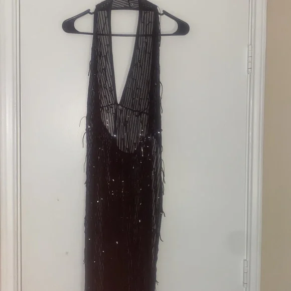 Porrcey NWOT maxi black halter back shimmering sequin mesh V neck gown sz xL - Picture 7 of 9